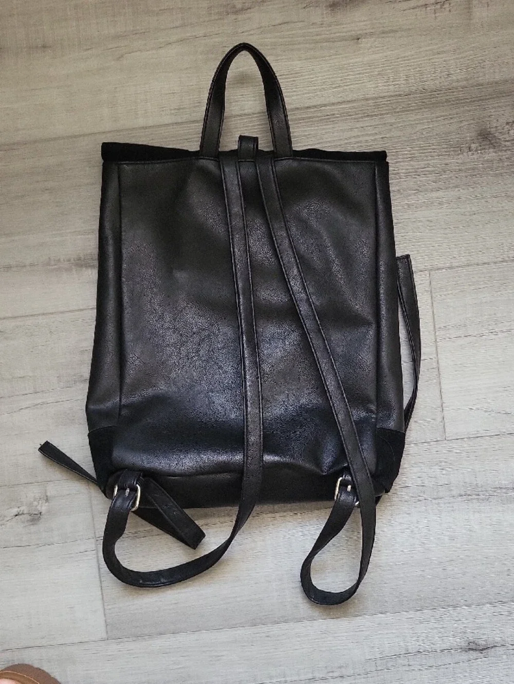 Black Faux Leather and Suede Fold-Over Backpack